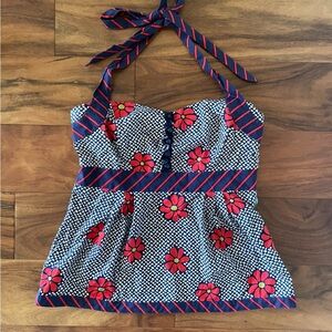 Odille Anthropology Red and Blue Floral Halter Top